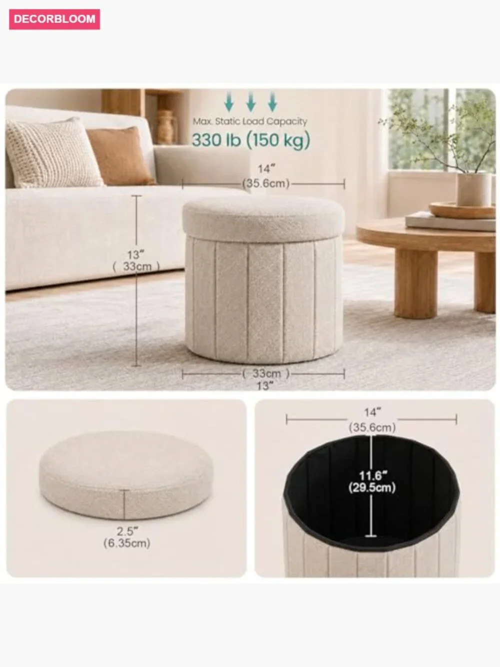 Round Storage Ottoman with Lid, Foldable Linen Bench, Large Hidden Storage,